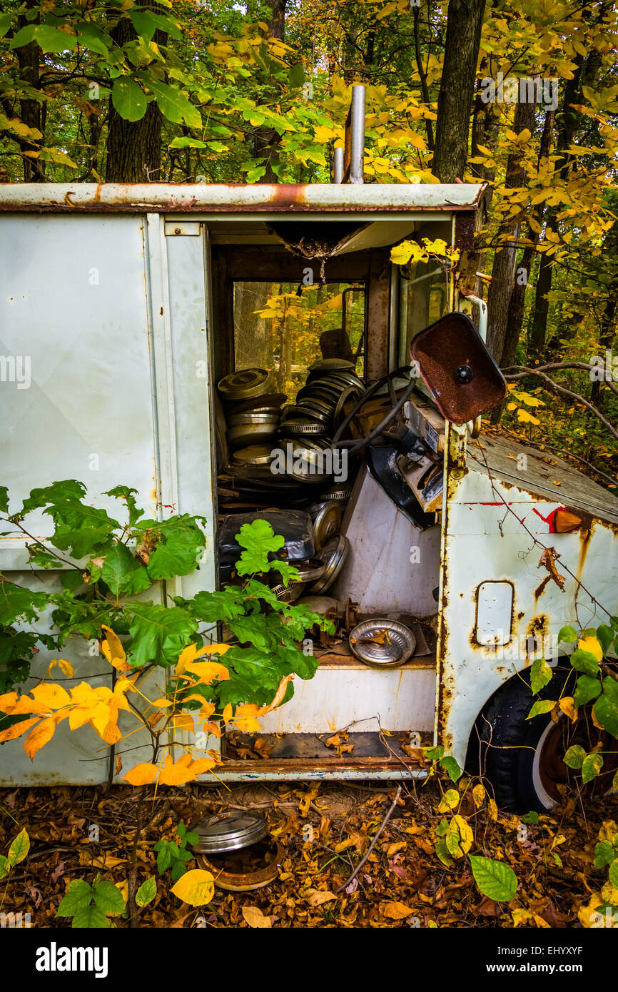 Carrello di latte in una boscosa junkyard. Foto Stock