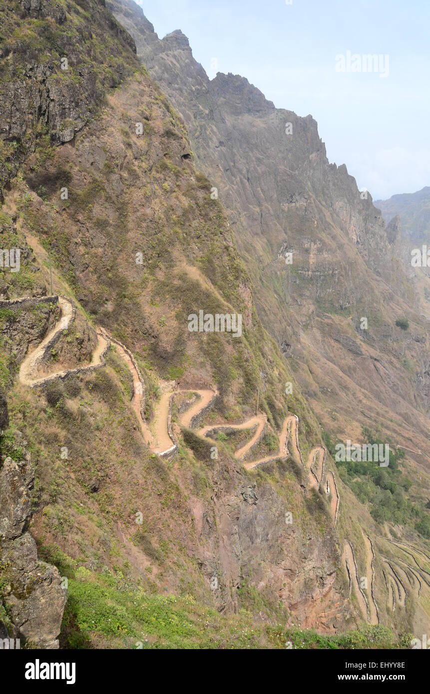 Capo Verde Isole di Capo Verde, Santo Antao, Ribeira, Paolo, Cabo da Ribeira, trail, rock, Cliff, precipitosamente, montagne, Foto Stock