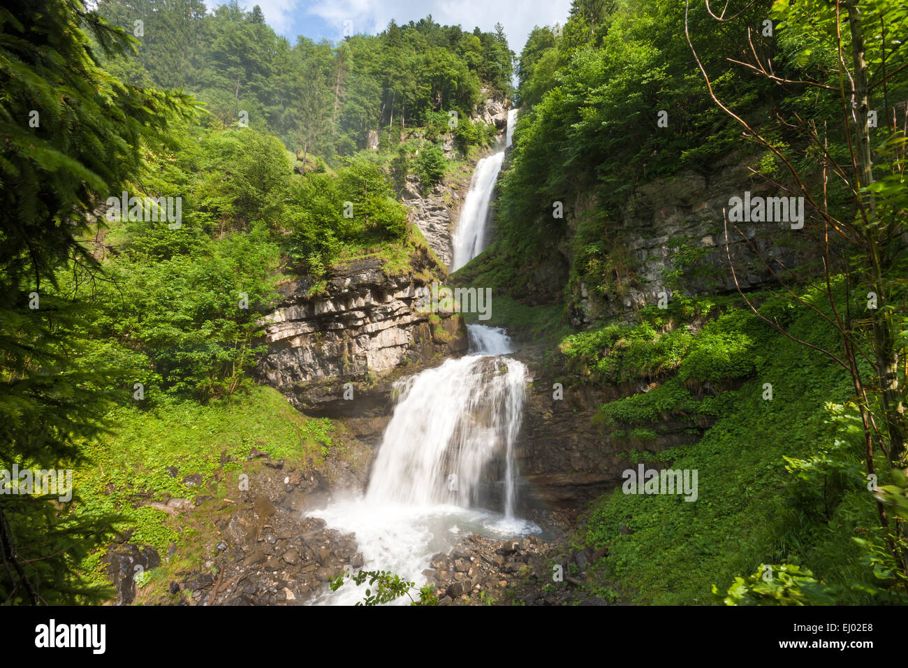 Diessbachfall, cascata, Svizzera, Europa, Canton Glarona, cascata, legno, foresta, rock, Cliff, Foto Stock