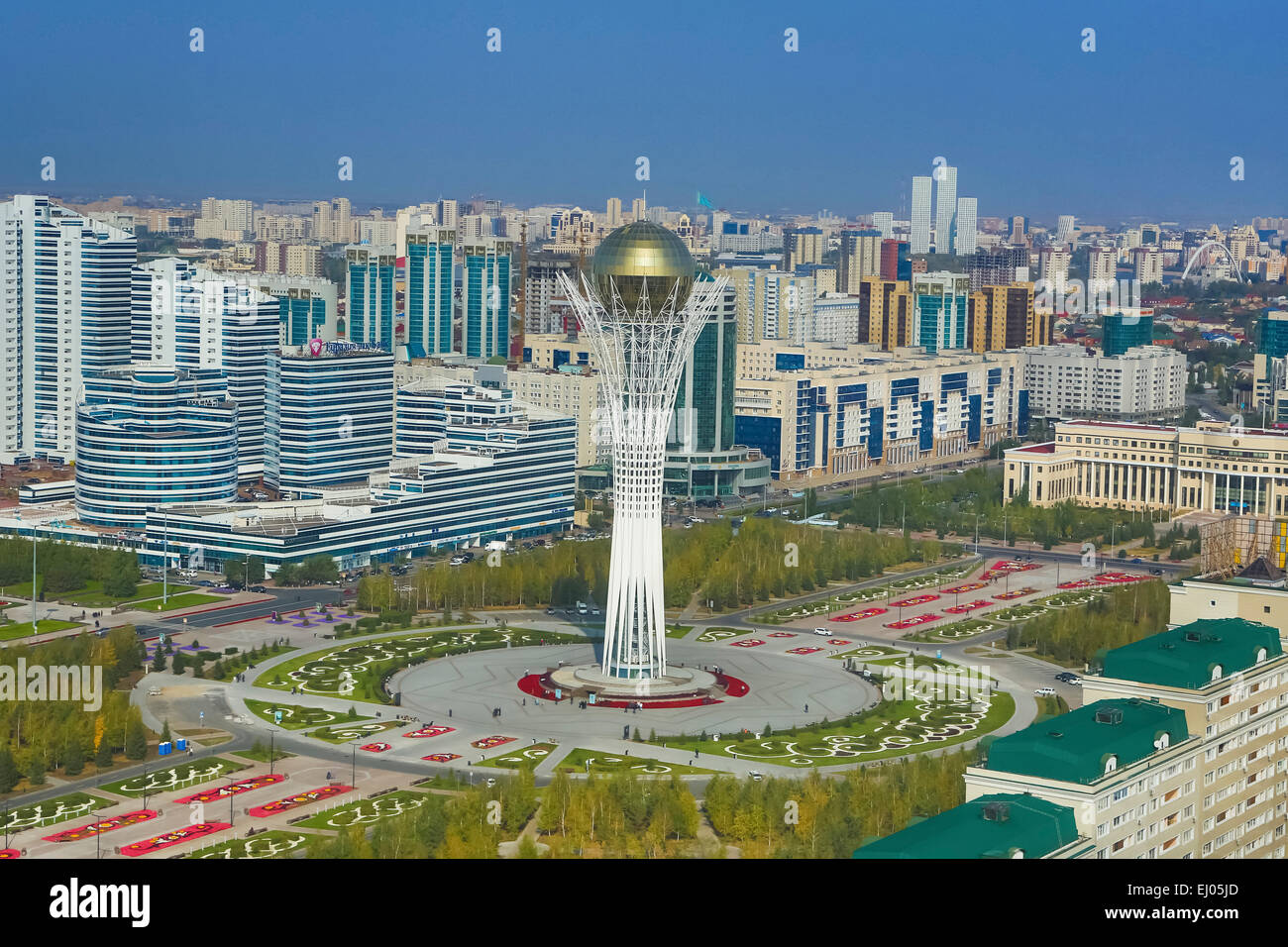 Ad Astana, Avenue, Bayterek, Boulevard, città, in Kazakistan e in Asia centrale, monumento, Città Nuova, Nurzhol, estate, antenna, architettura, c Foto Stock