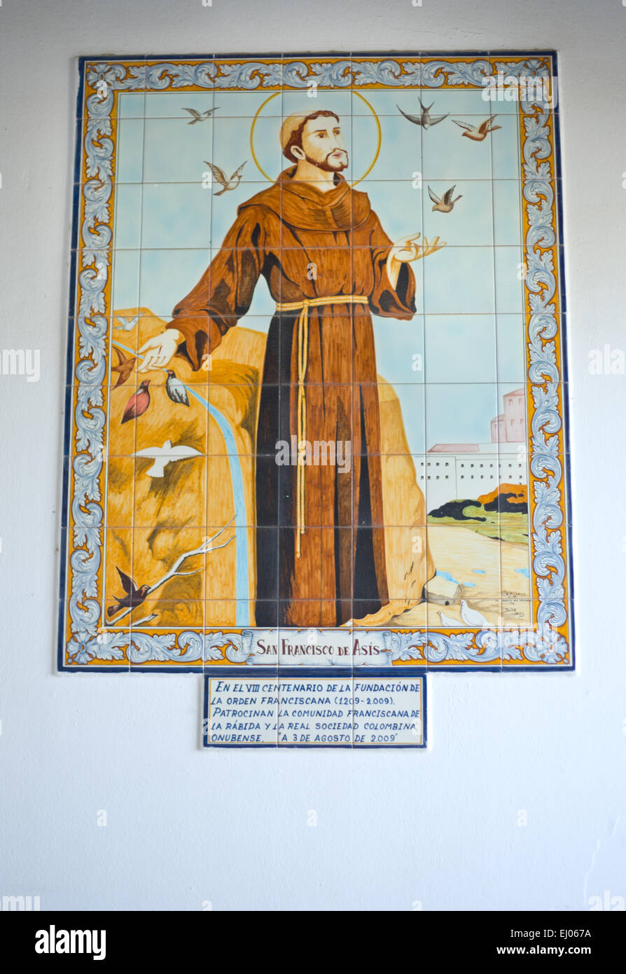 HUELVA, Spagna - Jan 27: San Francesco di Asis piastrella vetrinata foto dentro la Rabida Monastero, Huelva, Spagna gennaio 27, 2015 Foto Stock