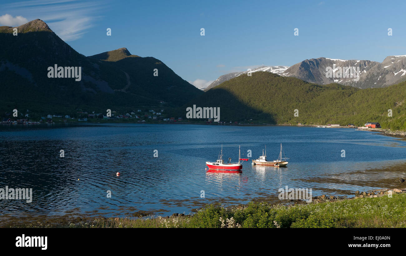 Barca, bay, barca da pesca, pesca, pesca, Fjord, montagne, costa, costale, gamma, taglierina, paesaggio, paesaggio, baia del nord, né Foto Stock