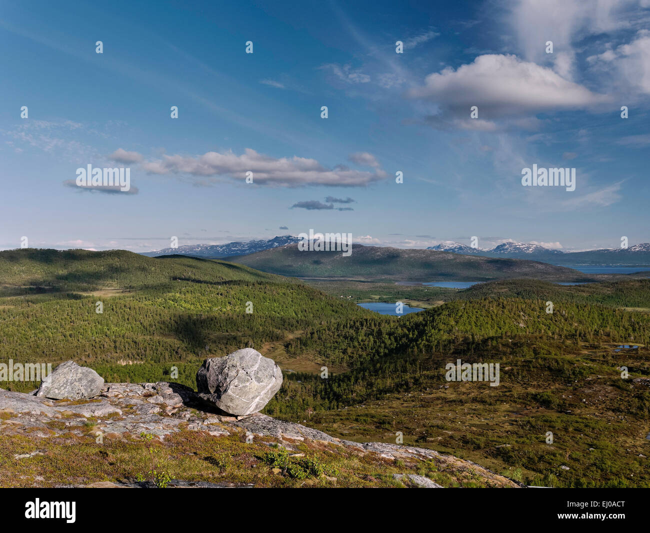 Vista, boulder, sky, Horizon, paesaggio, paesaggio, natura, paesaggio naturale, Norvegia, Europa, resto, lago, Senja, Scandinavia, Solbe Foto Stock