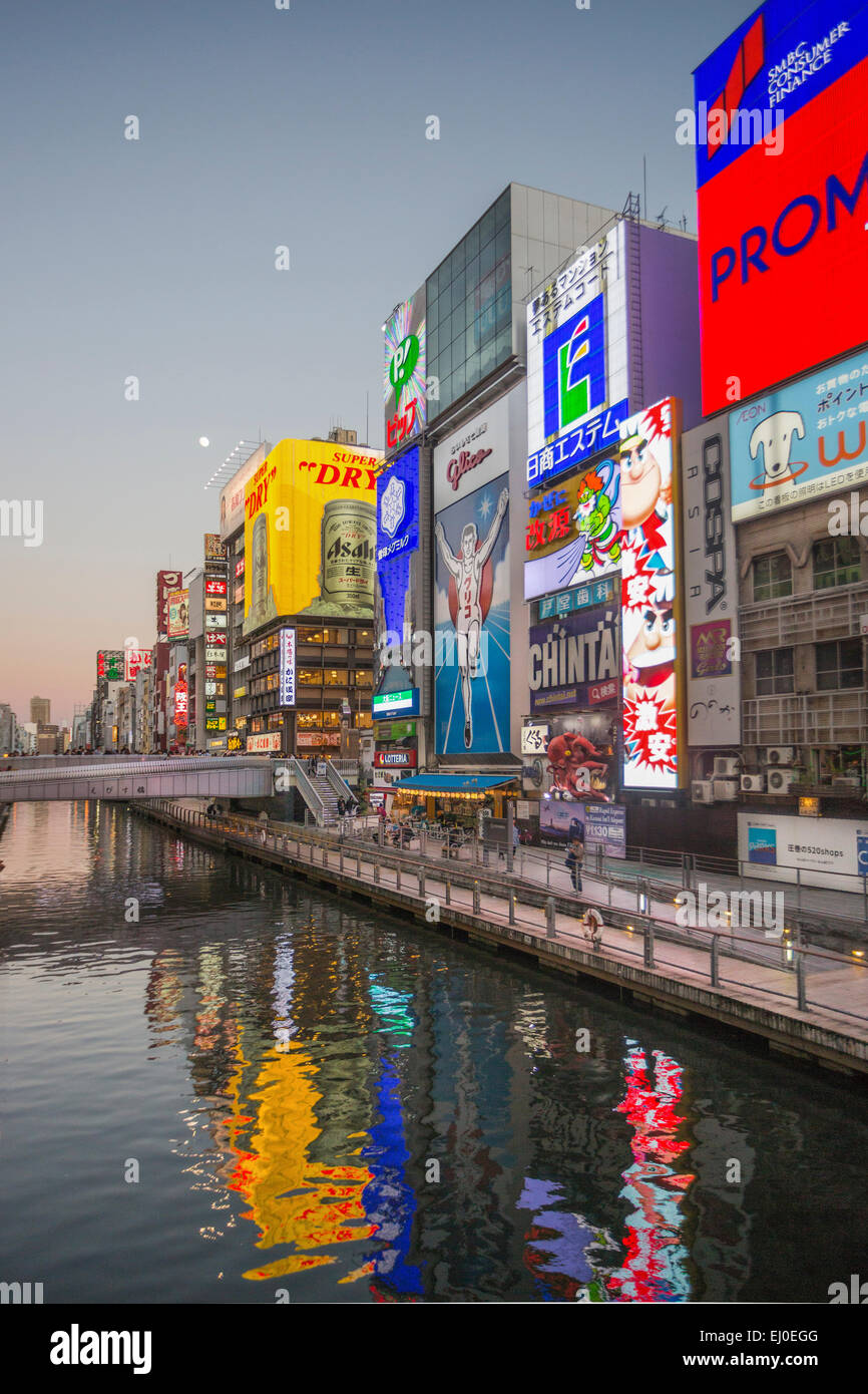 Bridge, Città Dotombori, Giappone, Asia, Kansai, Namba di Osaka, architettura, canal, colorato, spot pubblicitari, pubblicità, downtown, e Foto Stock