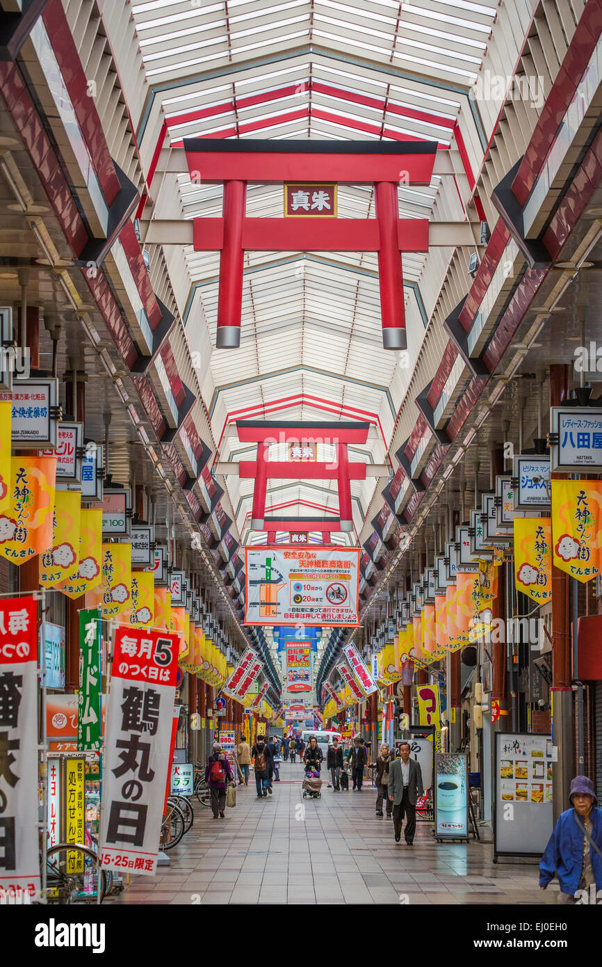 Giappone, Asia, Kansai di Osaka, Città Tenjimbashisuji, architettura, colorato, caduta, shopping street, turistica, tradizionale, trave Foto Stock