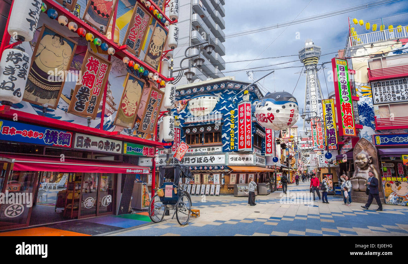 Giappone, Asia, Kansai di Osaka, città di Shin Sekai Tennoji, colorato, spot pubblicitari, pubblicità, intrattenimento, caduta, famoso, pesce, fl Foto Stock