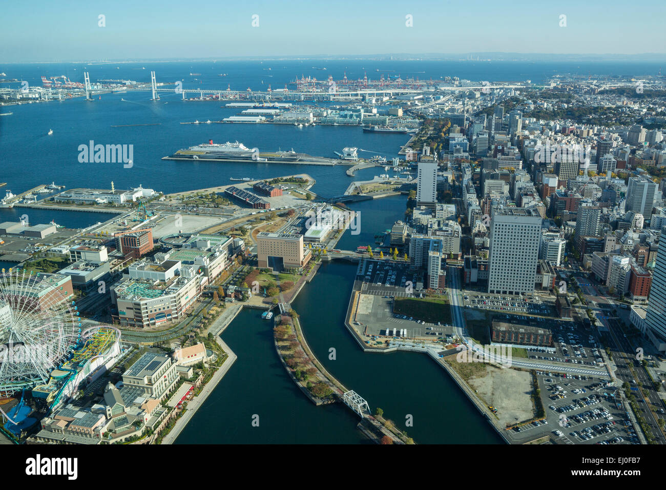 Bridge, Giappone, Asia, Yokohama City, antenna, architettura, bay bridge, complesso, nessun popolo, panorama, porto, skyline, turistico, Foto Stock
