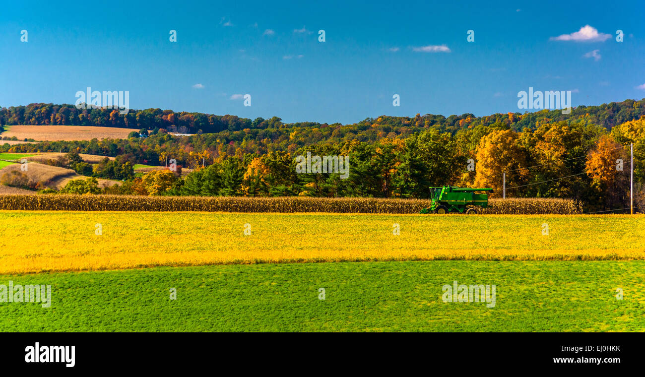 Il trattore e la vista di campi di fattoria in rurale della contea di York, Pennsylvania. Foto Stock