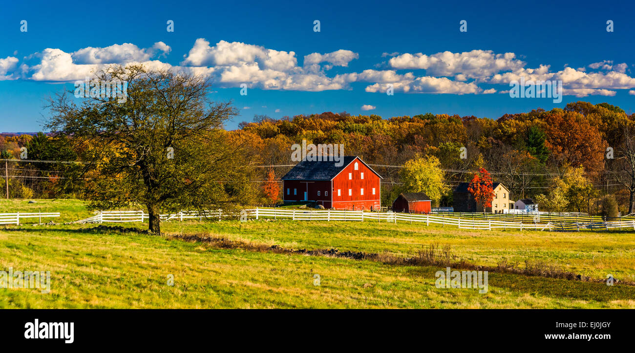 Albero e fienile sul campo di battaglia di Gettysburg, Pennsylvania. Foto Stock