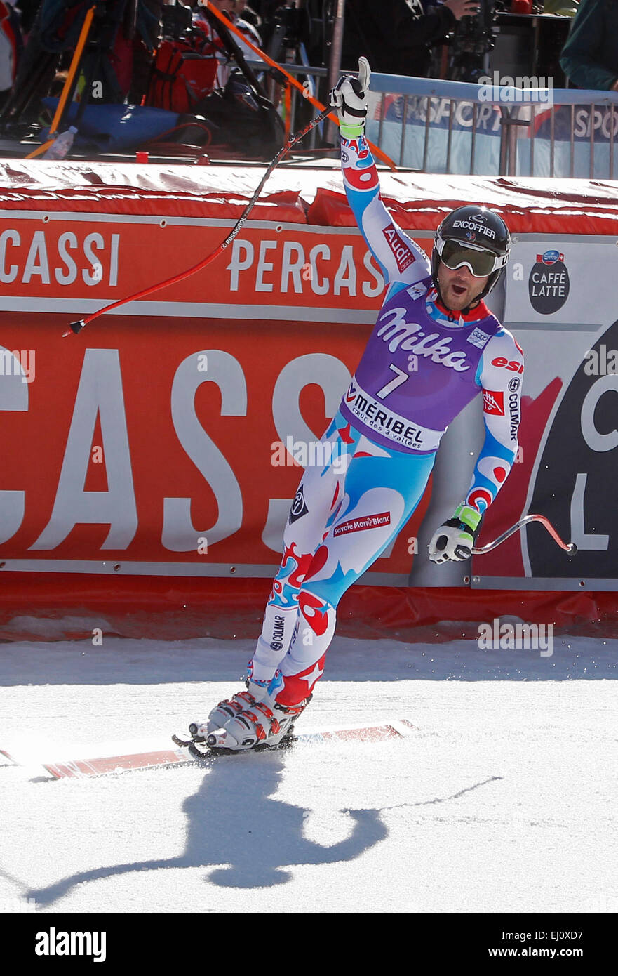 Méribel, Francia. Xix marzo, 2015. Brice Roger reagisce nella finish area della FIS Coppa del Mondo di sci alpino maschile di Super-G gara su Marzo 19, 2015 a Méribel, Francia. (Foto di Mitchell Gunn/ESPA/Alamy Live News) Foto Stock