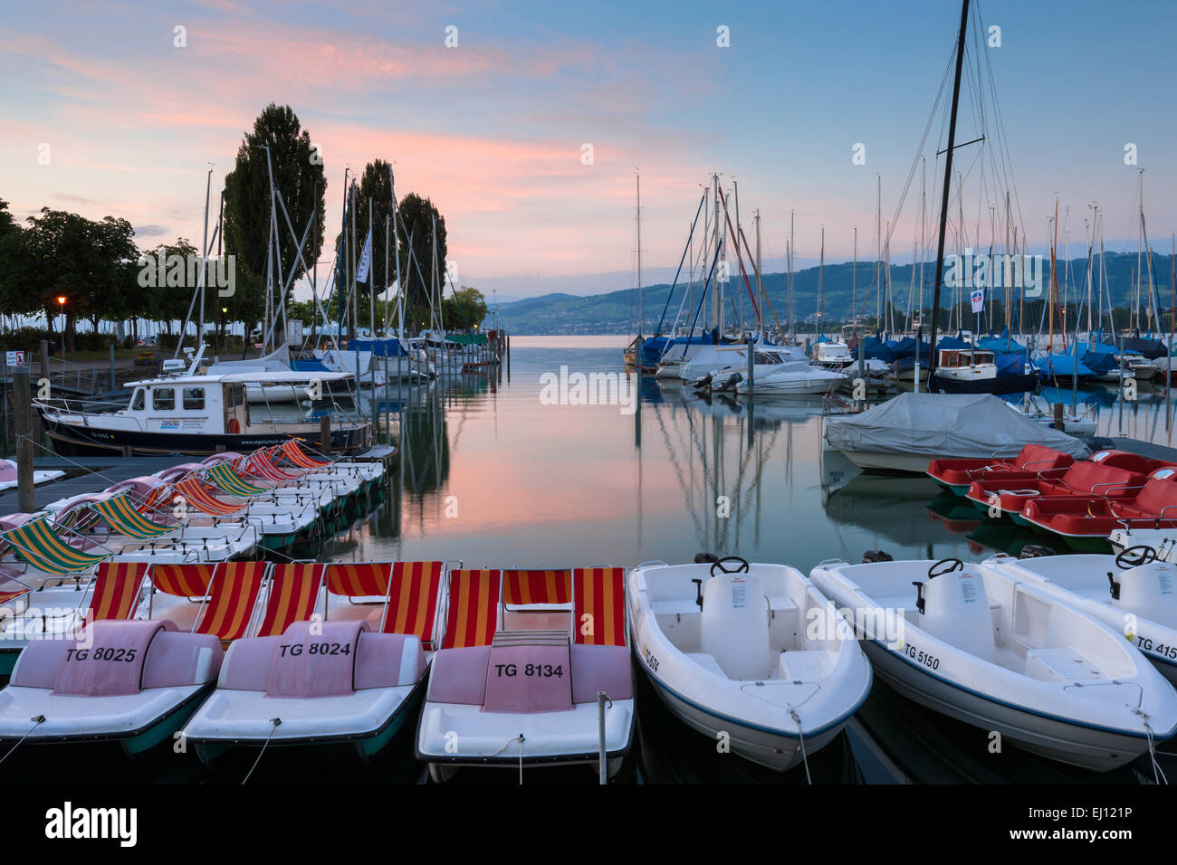 Arbon, Svizzera, Europa, del Cantone di Turgovia, Lago di Costanza, lago, Boat Harbour, lo spuntar del giorno Foto Stock