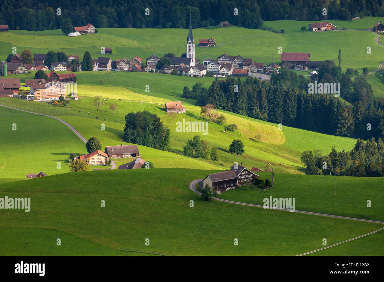 Vista, Hundwiler Höhe, altezza Hundwil, Svizzera, Europa, del cantone di Appenzell Ausserrhoden, Hundwil, villaggio, case, case, Foto Stock