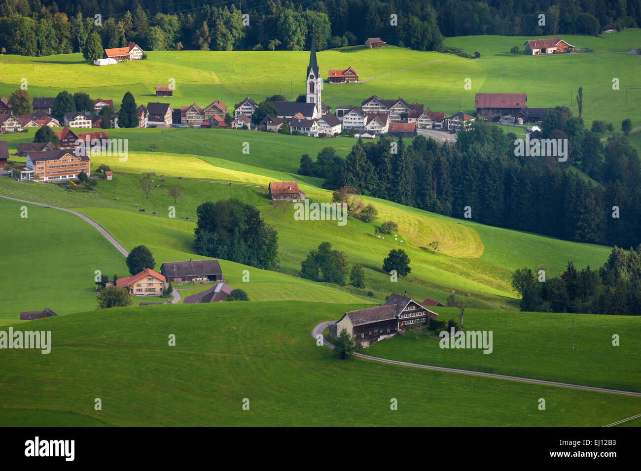 Vista, Hundwiler Höhe, altezza Hundwil, Svizzera, Europa, del cantone di Appenzell Ausserrhoden, Hundwil, villaggio, case, case, Foto Stock