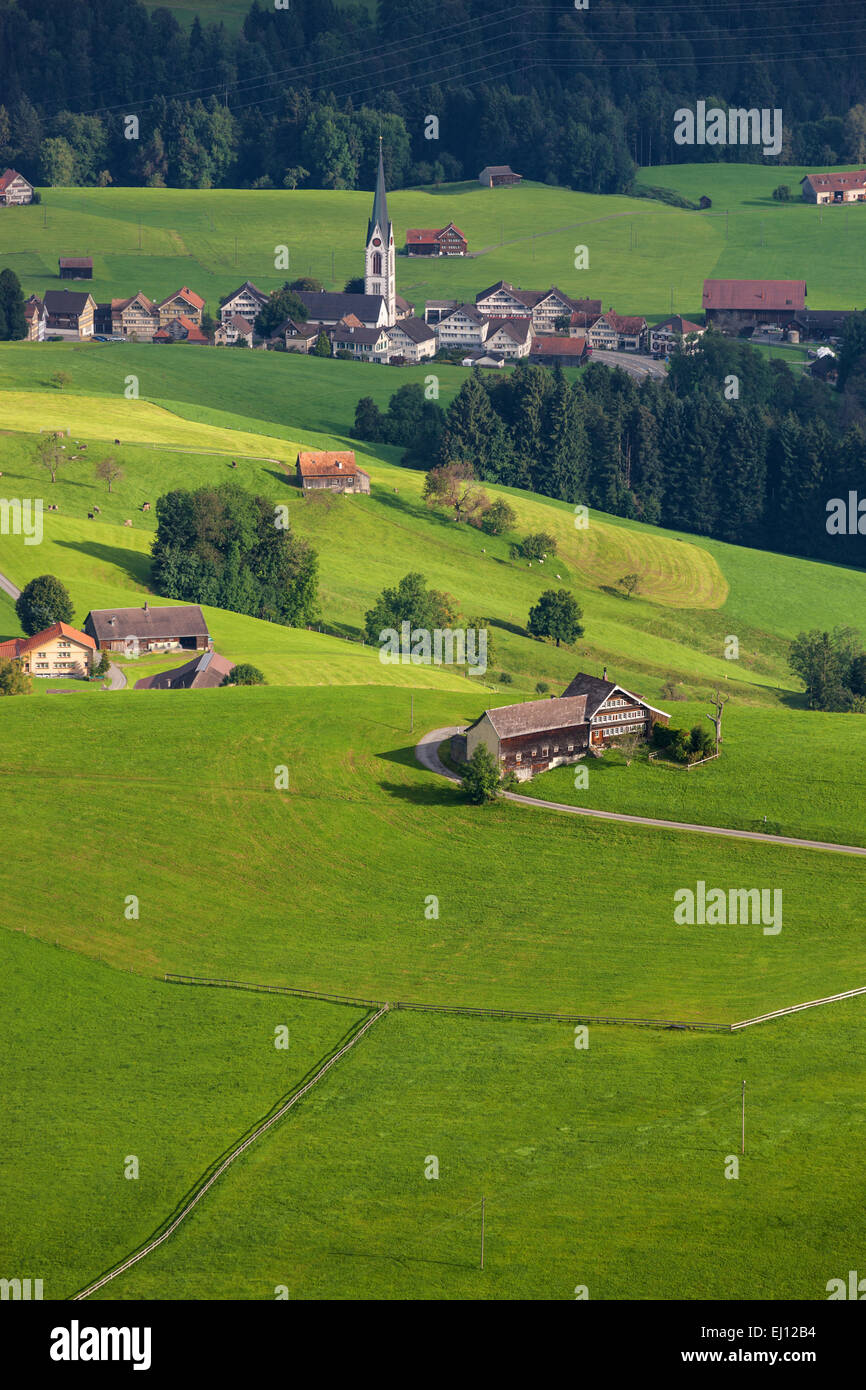 Vista, Hundwiler Höhe, altezza Hundwil, Svizzera, Europa, del cantone di Appenzell Ausserrhoden, Hundwil, villaggio, case, case, Foto Stock