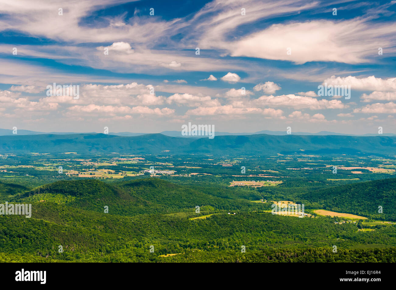 Pomeriggio Vista della valle di Shenandoah dal Grande Nord montagna, di George Washington National Forest, VA. Foto Stock