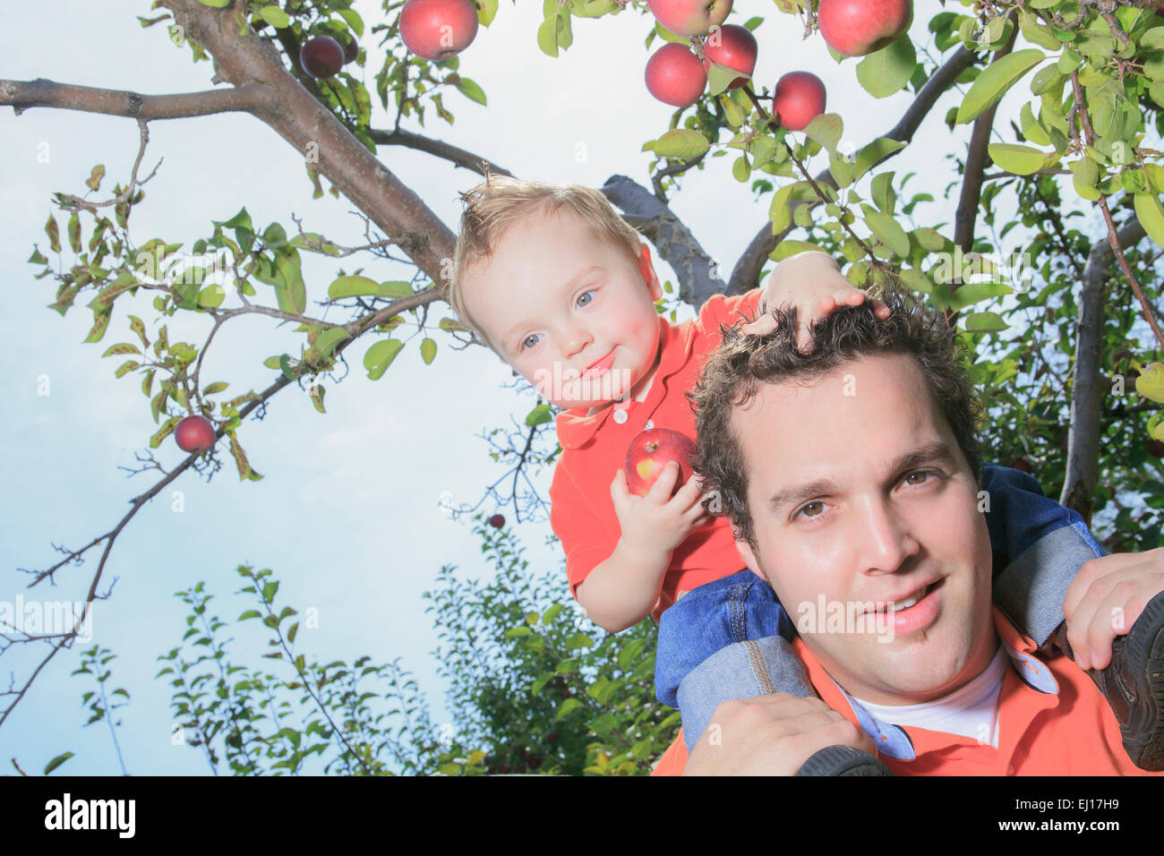 Padre dando piggyback ride a suo figlio Foto Stock