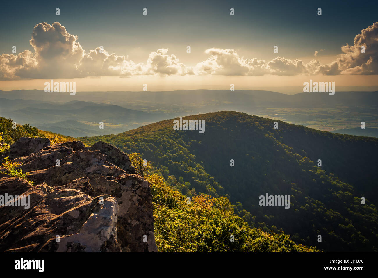 Vista serale da scogli a Hawksbill Summit, nel Parco Nazionale di Shenandoah, Virginia. Foto Stock