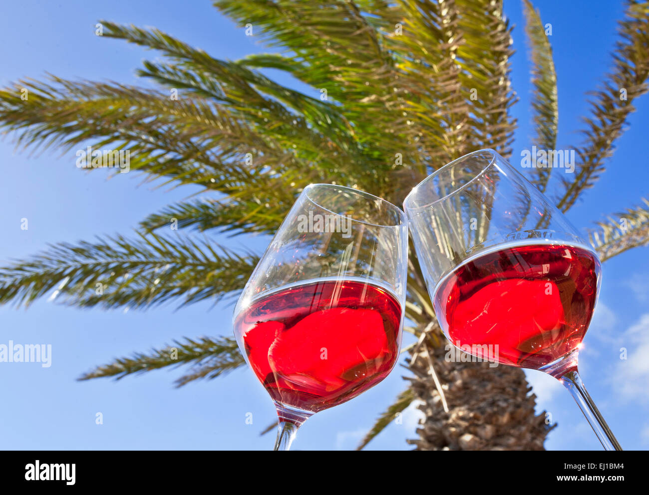Due vini rosati bicchieri chinking 'cheers' in vacanza di sole ambiente con palme e cielo blu dietro Foto Stock