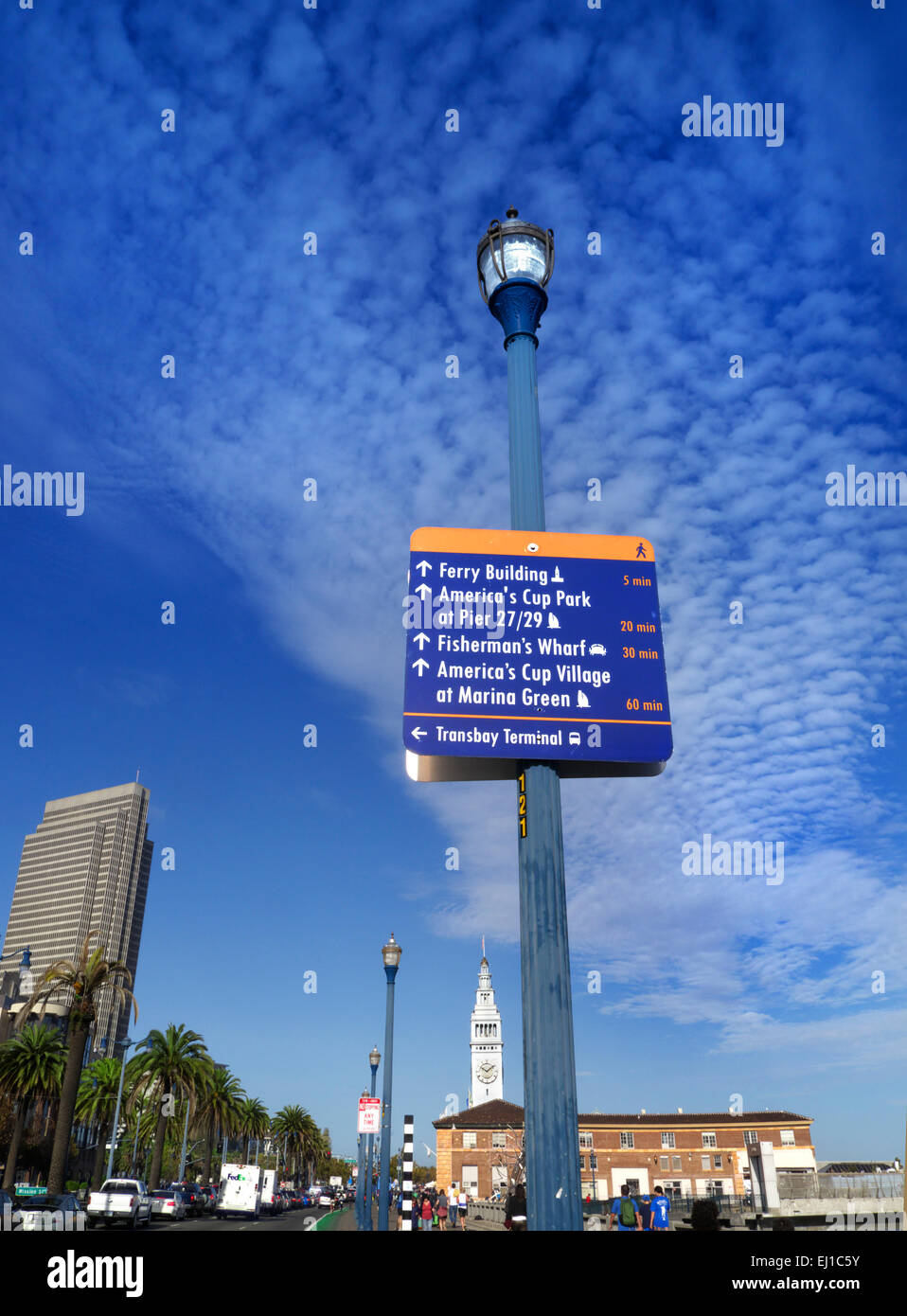 Segno di orientamento per i pedoni su Embarcadero per Fisherman's Wharf e il Ferry Building etc San Francisco California USA Foto Stock