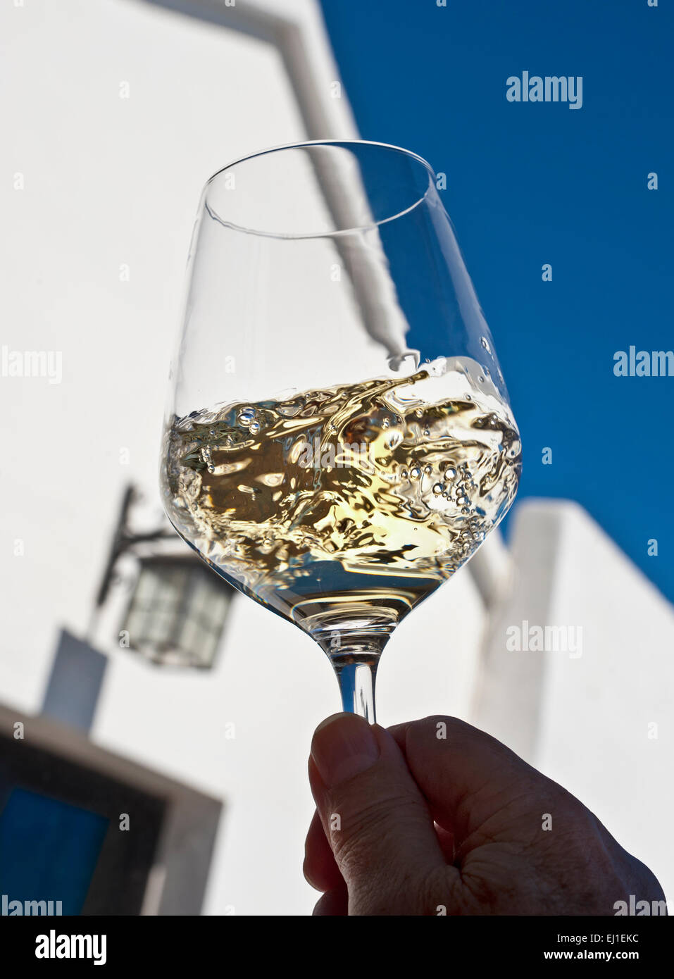 DEGUSTAZIONE DI VINI BIANCHI AL fresco SOLEGGIATO e rapido aerare e valutare un bicchiere di vino bianco all'aperto al fresco, al sole, situazione di degustazione di vini Foto Stock