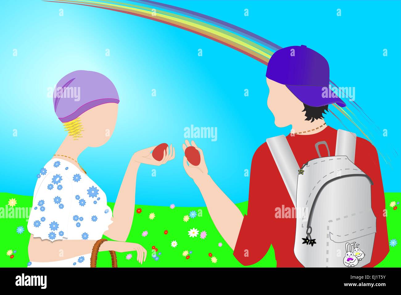 Una ragazza e un ragazzo sta cercando le uova di Pasqua nel prato pieno di fiori di primavera Illustrazione Vettoriale