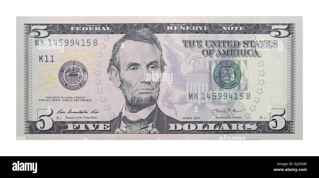Nuovo 5 dollari banconota Foto Stock