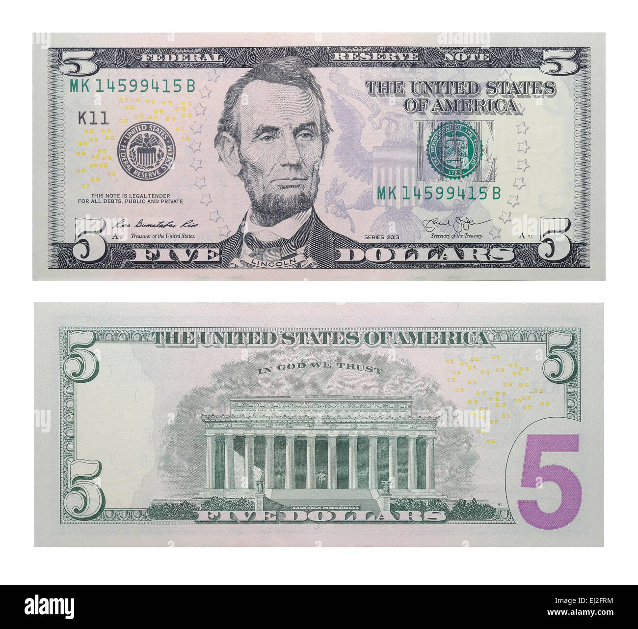 Nuovo 5 dollari banconota Foto Stock