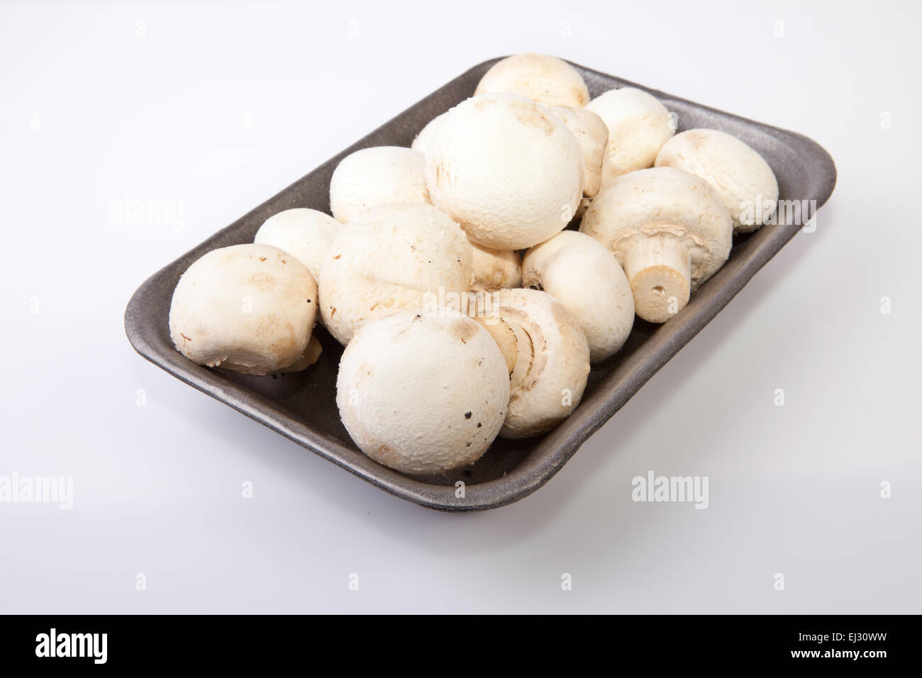 Bianco di funghi freschi in nero vassoio di plastica. Isolato su sfondo bianco Foto Stock