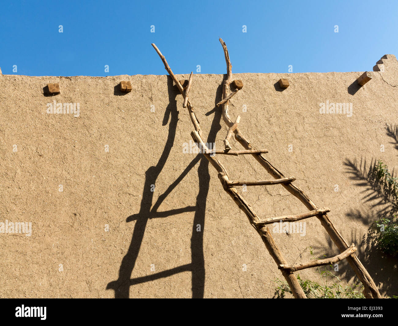 In prossimità di una zona di fango resi fango parete in mattoni con una scala fatta da rami contro di essa, Egitto Africa Foto Stock