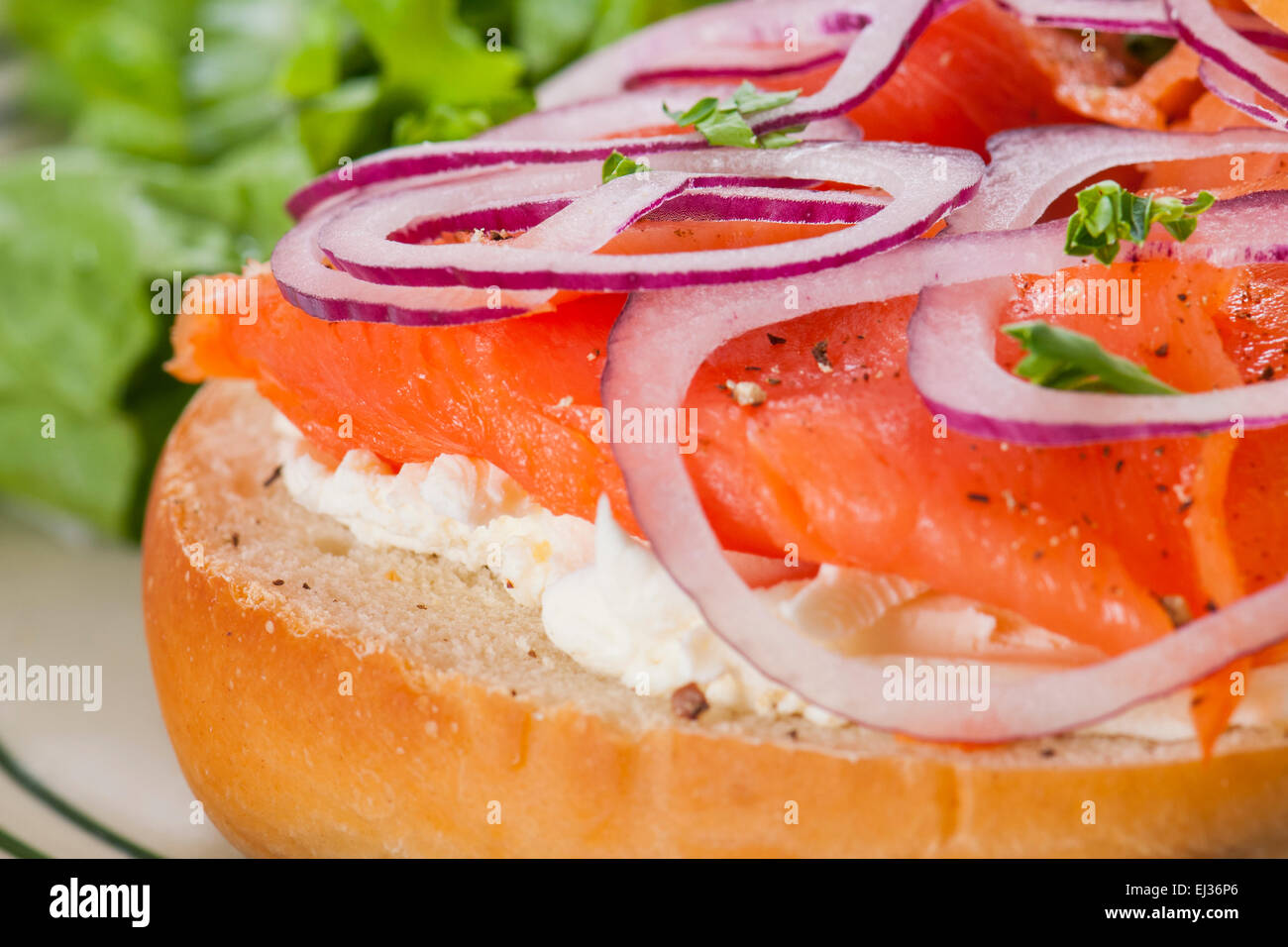 Bagel con salmone affumicato Lox, crema di formaggio e cipolla rossa accompagnato da insalata di lattuga. Foto Stock