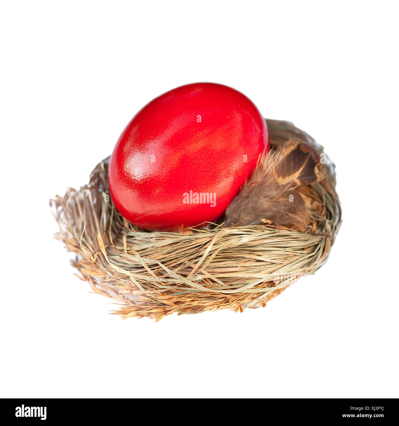 Rosso d'uovo di pasqua in un nido di uccelli Foto Stock