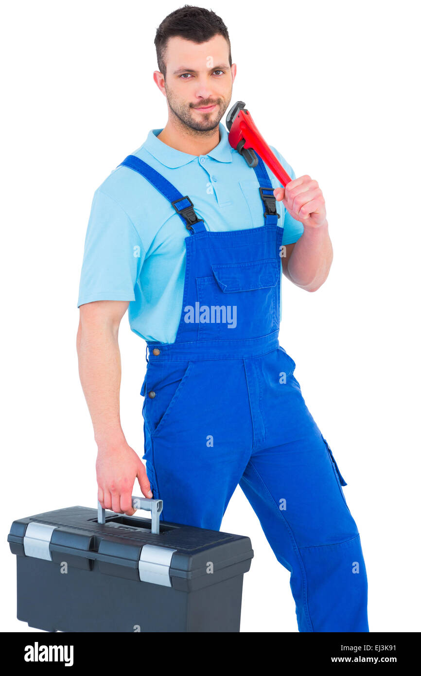 Repairman con toolbox e Monkey Wrench Foto Stock