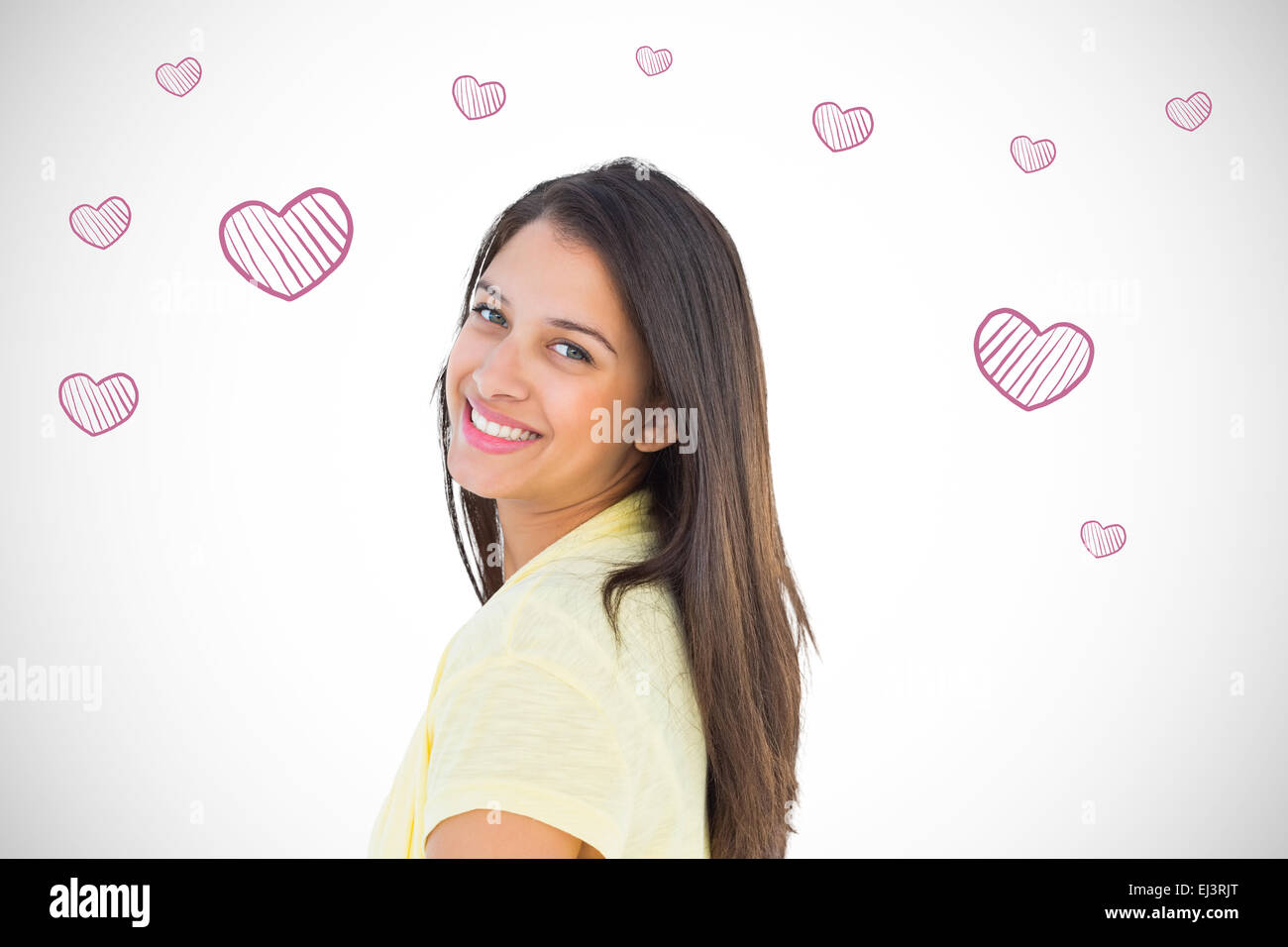 Immagine composita di felice casual donna sorridente in telecamera Foto Stock