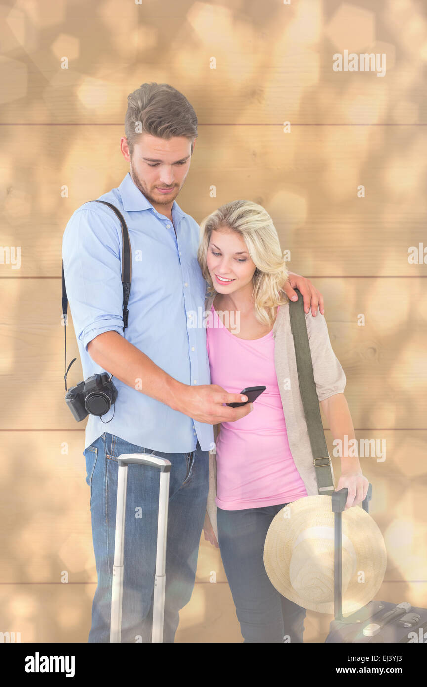 Immagine composita di attraente coppia giovane pronto per andare in vacanza Foto Stock