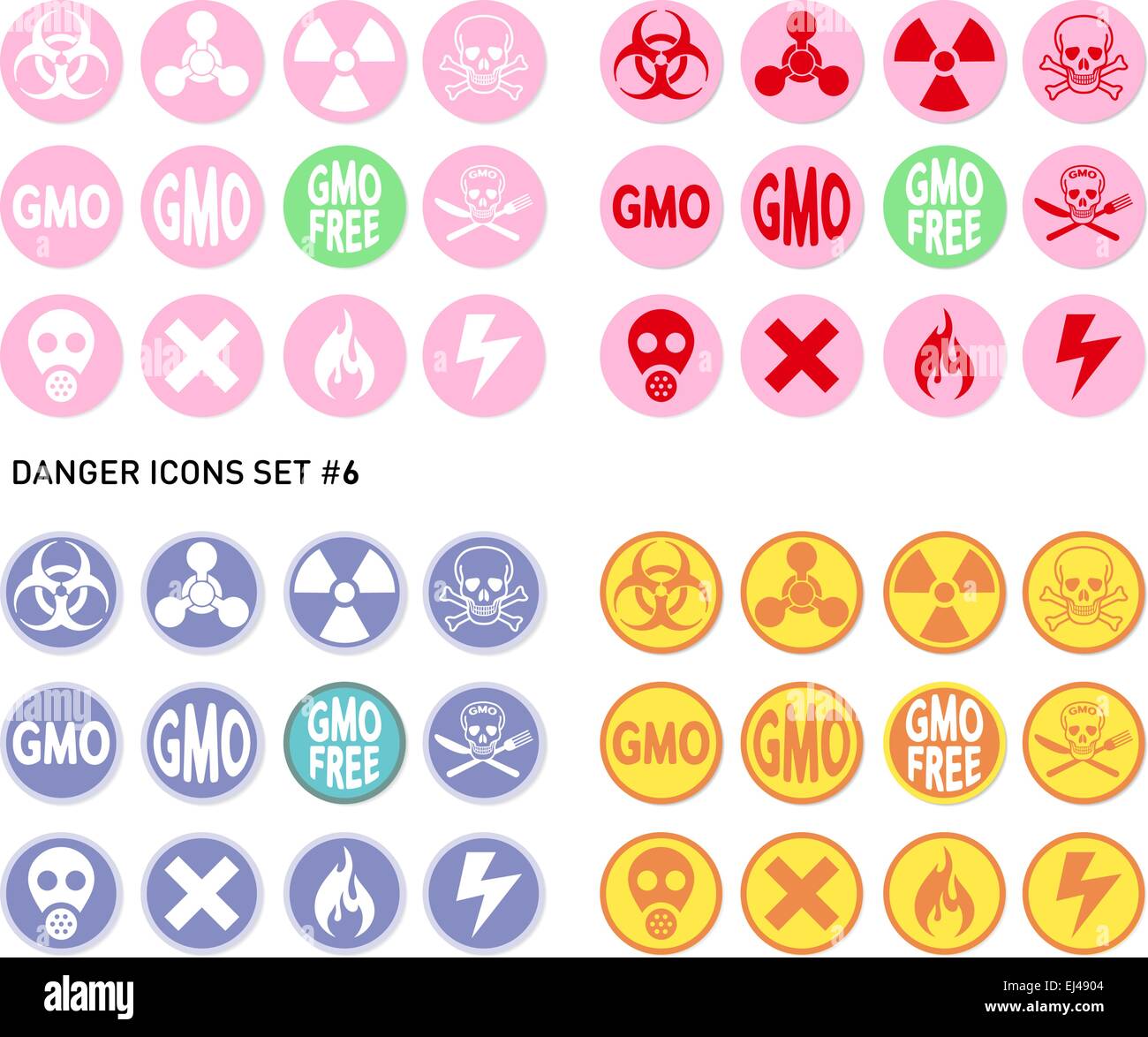 Set di icone per le pericolose e rischiose come prodotto di radiazioni, veleni, di sostanze tossiche o di incendio e di elettricità Illustrazione Vettoriale