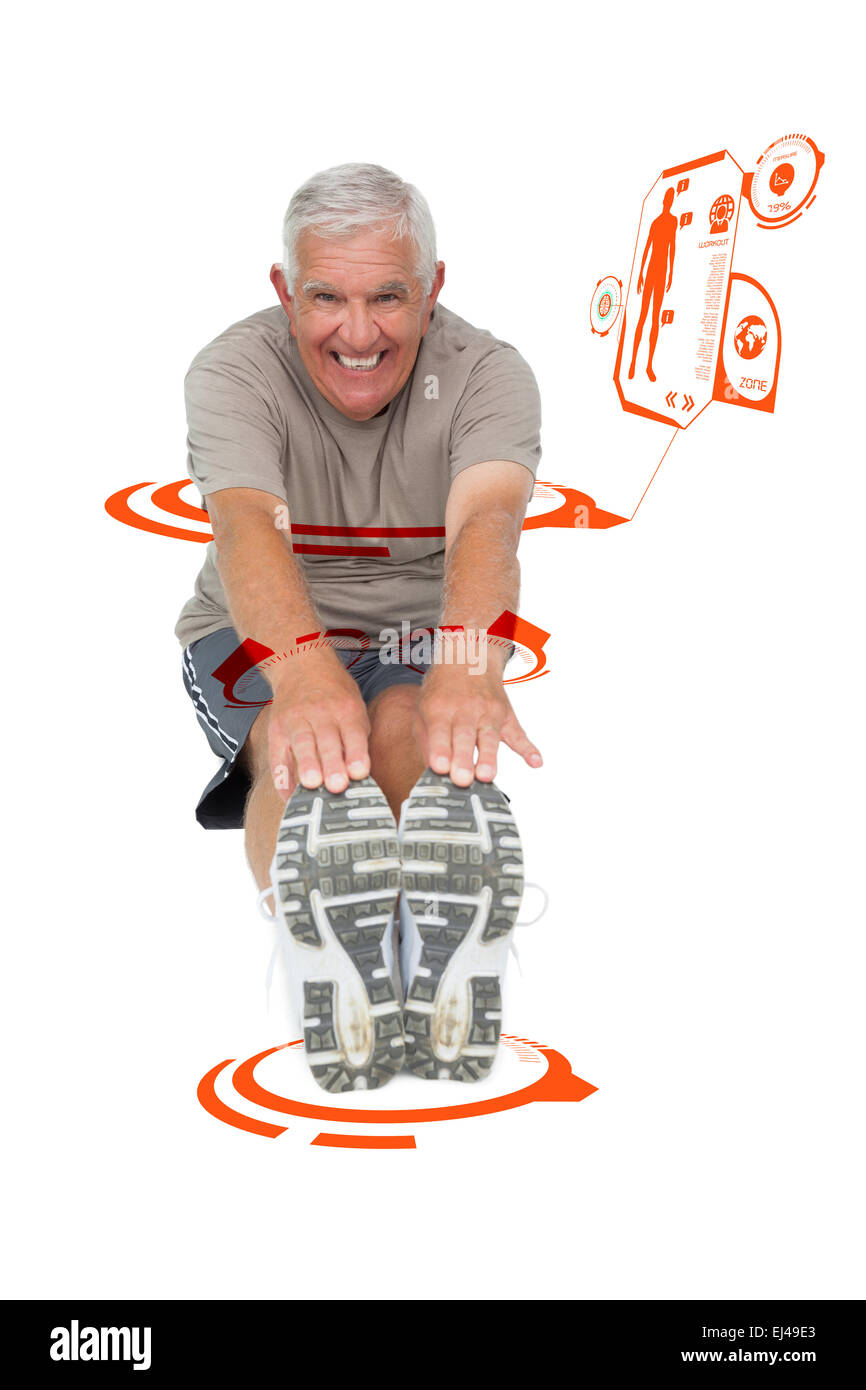 Immagine composita del ritratto di un uomo anziano stretching le mani per le gambe Foto Stock