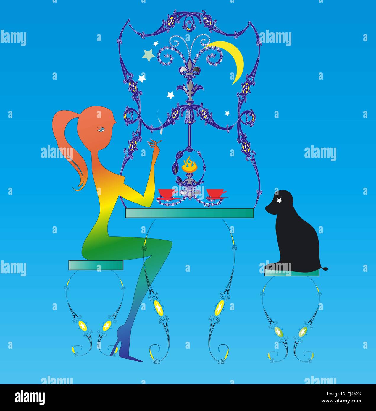 Ragazza solitaria e cane di bere il caffè in serata in un bar tavola con la luce di una candela davanti ad un cielo stellato con luna Illustrazione Vettoriale