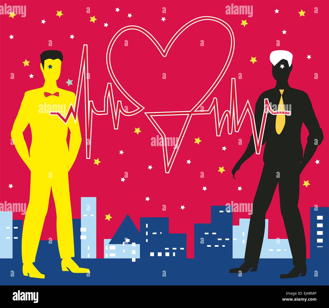 Una coppia di maschi gay viene incontro per il San Valentino notte nella parte anteriore dello skyline della citta'. I cuori sono collegati da un elec Illustrazione Vettoriale