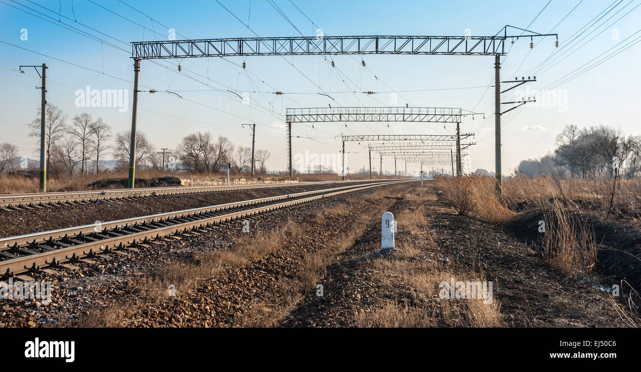 I binari della ferrovia che si protende nella distanza oltre l'orizzonte Foto Stock