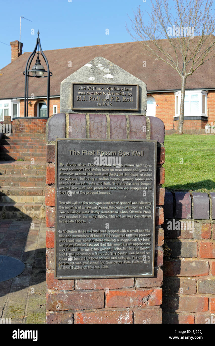 La fonte di sali di Epsom al primo Epsom Spa Bene, bene modo, Epsom Surrey, Inghilterra, Regno Unito. Foto Stock