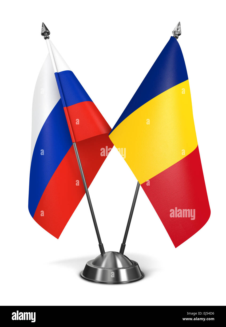 Russia e Romania - Bandiere in miniatura. Foto Stock