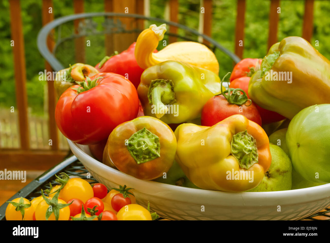 Ciotola di prodotti freschi, tra cui pomodori rossi, Gypsy hybrid peperoni, pere, e l'estate crookneck squash Foto Stock