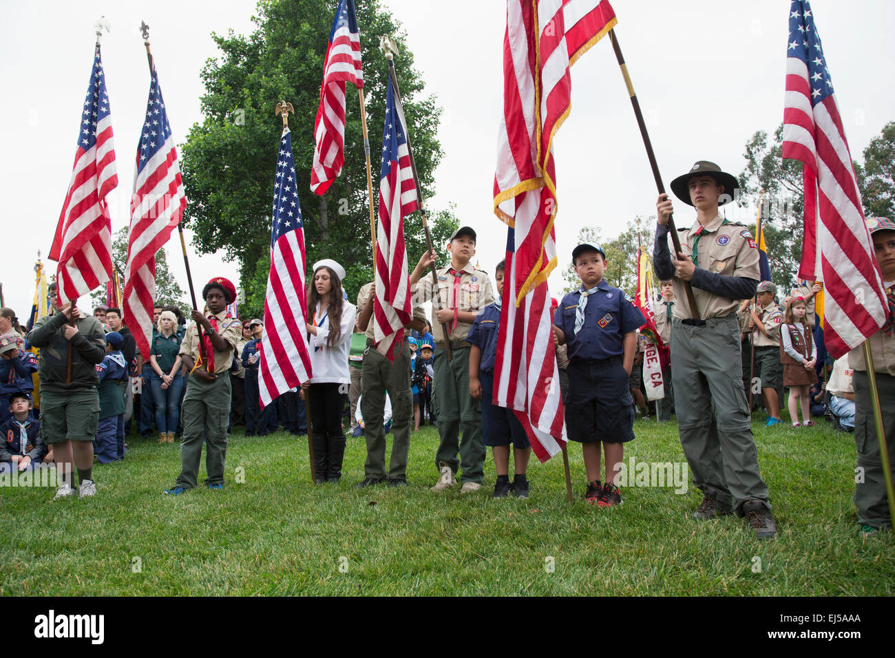 Display Boyscouts noi bandiera al solenne 2014 Giorno Memoriale della manifestazione, Los Angeles Cimitero Nazionale, CALIFORNIA, STATI UNITI D'AMERICA Foto Stock