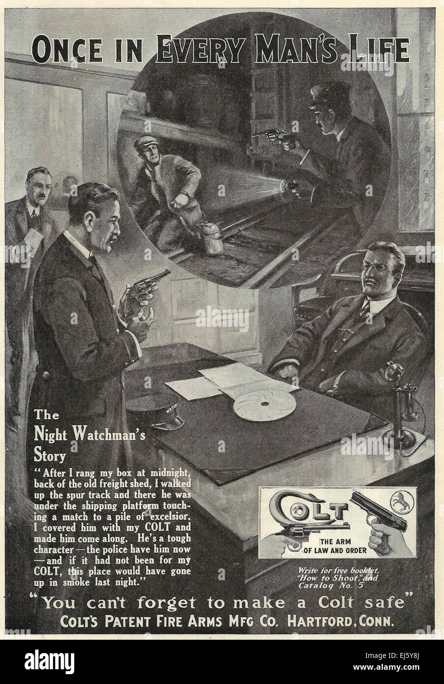 Una volta in Everyman la vita - il guardiano notturno della storia - Colt armi da fuoco annuncio - 1916 Foto Stock