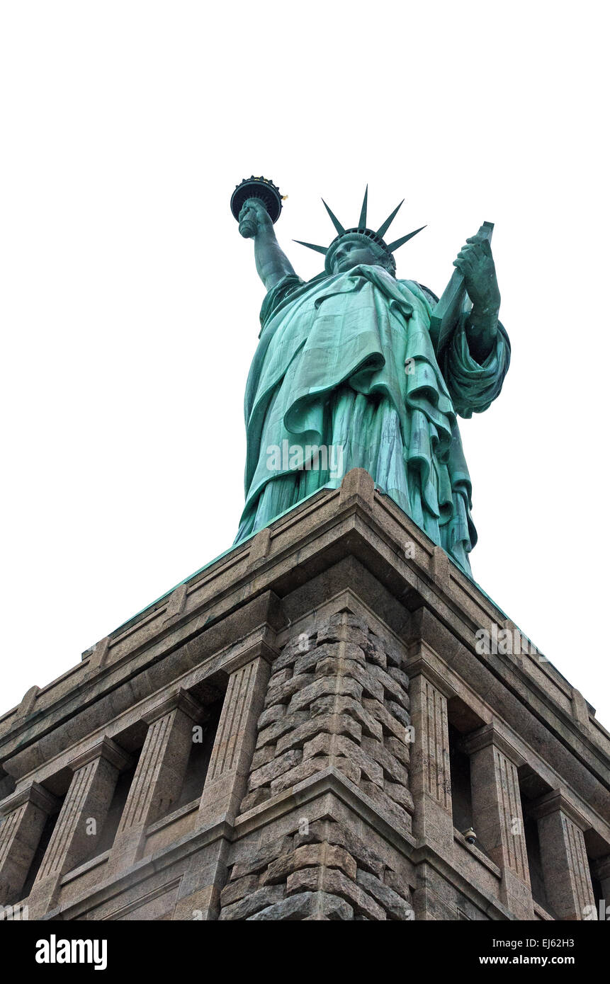 La Statua della Libertà, New York City, dal basso su uno sfondo bianco. Foto Stock