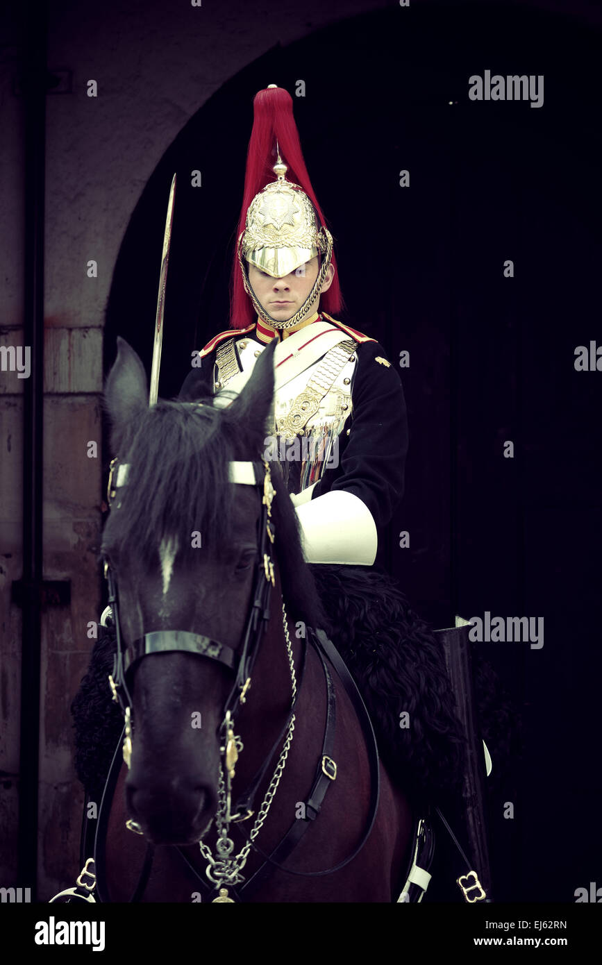 LONDON, Regno Unito - Sep 27: Trooper di Blues e Royals su cavallo al horse guard parade il 27 settembre 2013 a Londra, Regno Unito. Il Blues e il Royals è uno dei due più alti reggimenti dell'Esercito britannico Foto Stock