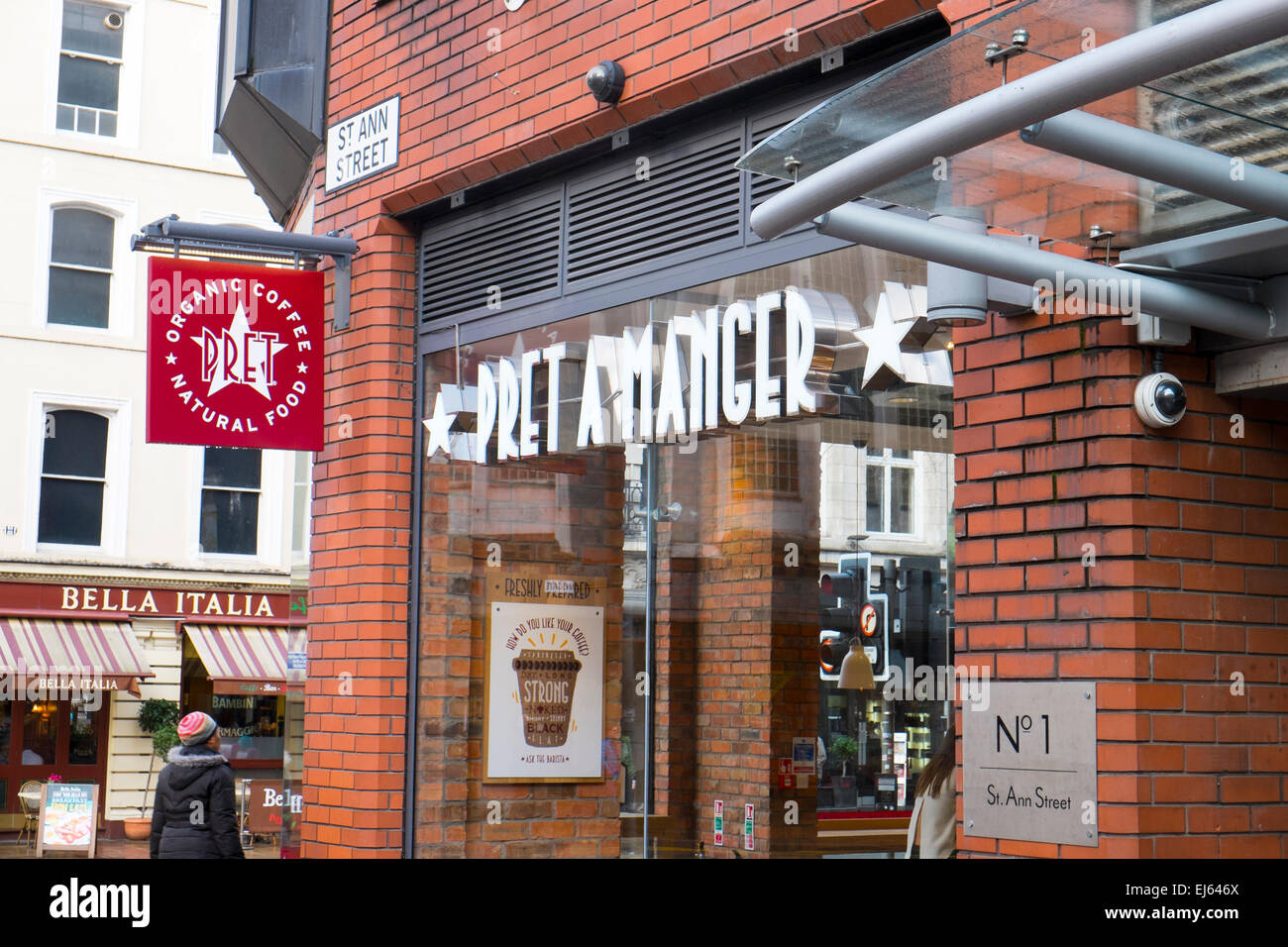 Pret, negozio di panini e ristorante bella italia a Manchester, Inghilterra, Regno Unito Foto Stock