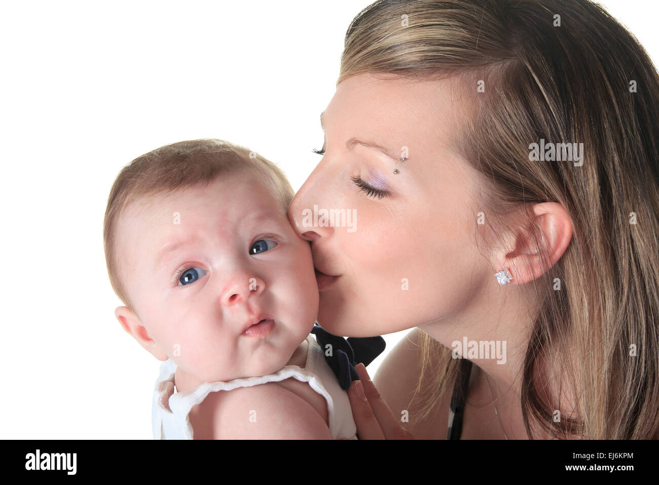 Foto di felice madre con bambino su bianco Foto Stock