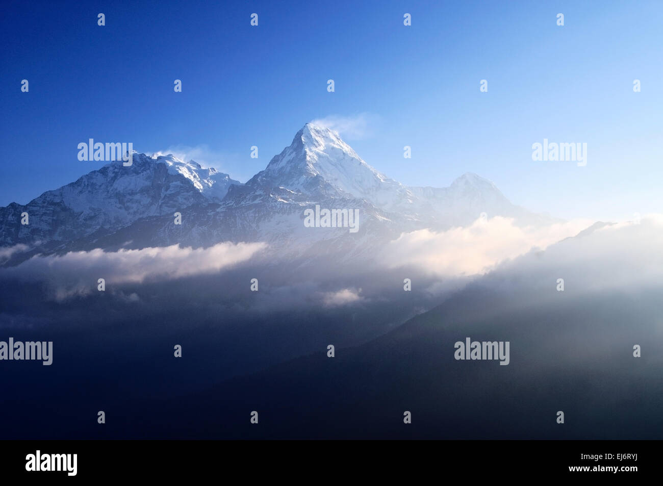 Drammatica della luce del sole tramonto su Snow capped mountain Machapuchare coda di pesce in montagna Annapurna Himalaya. Foto Stock