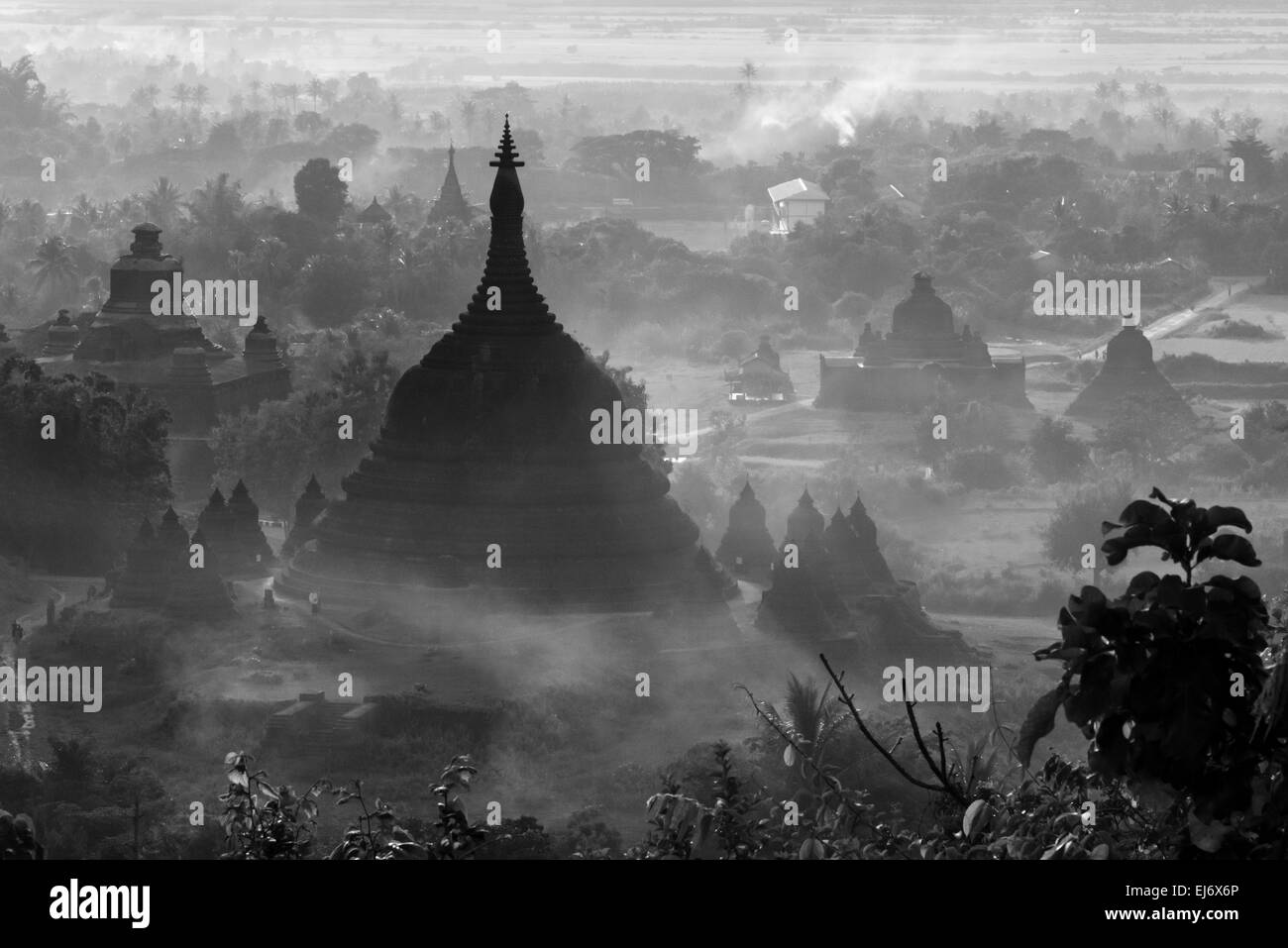Antichi templi e pagode nella giungla sollevandosi al di sopra di nebbia al tramonto, Mrauk-U, Stato di Rakhine, Myanmar Foto Stock